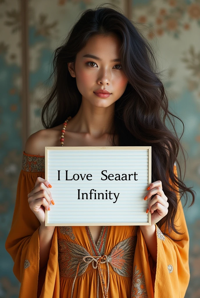 Beautiful girl with wavy long hair, bohemian dress, holding a white board with text "I Love Seaart Infinity" and showing it to the viewer