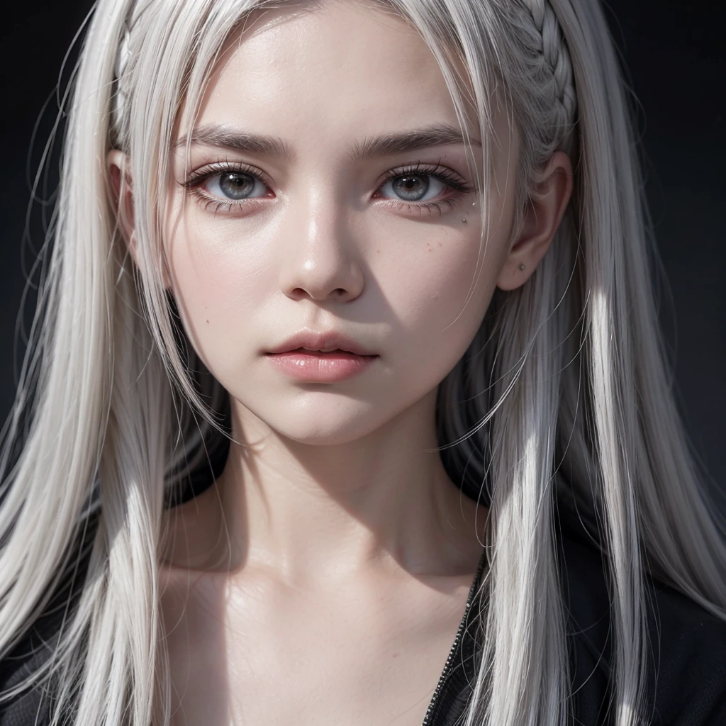 Create a character with white hair and dark brown eyes