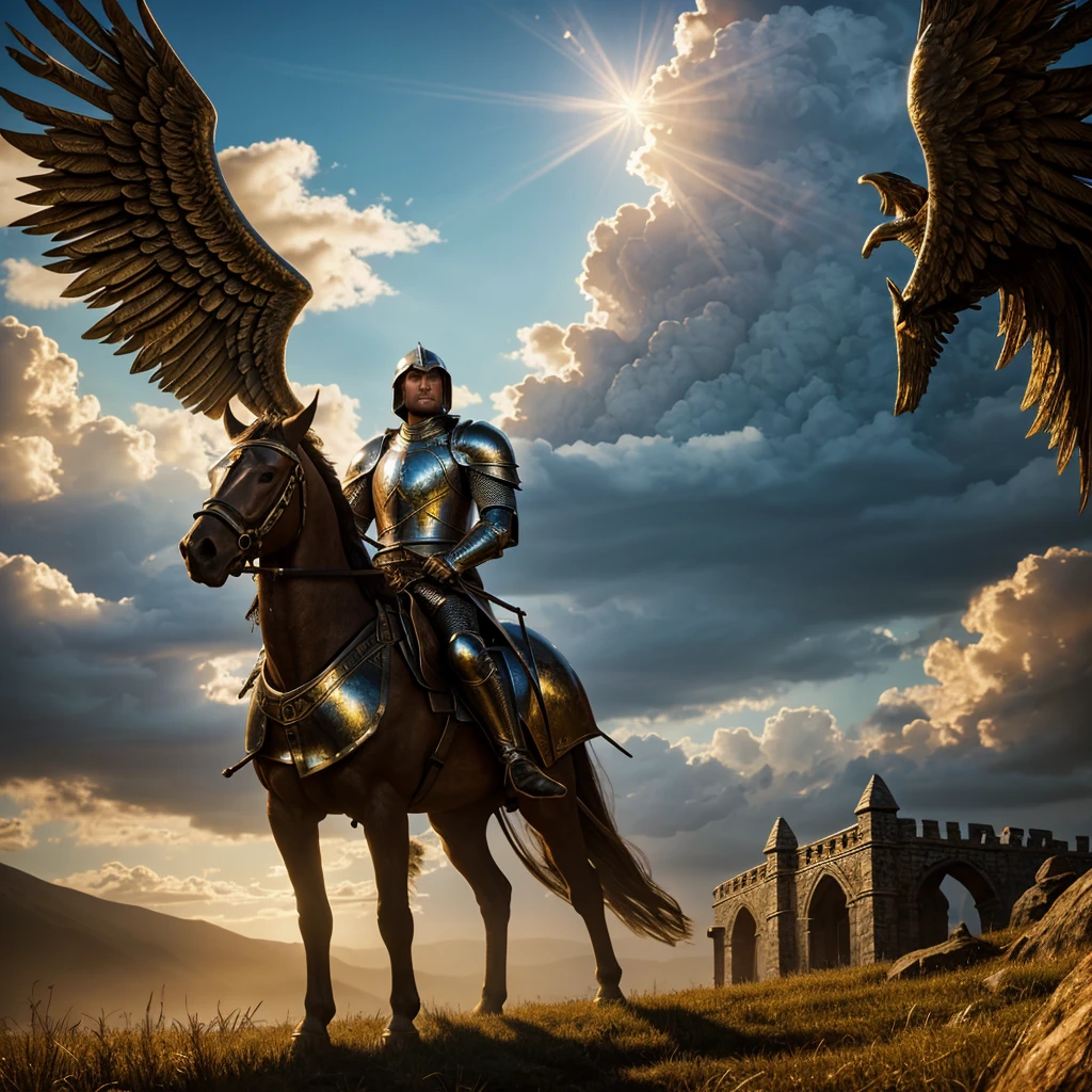 A medieval knight, intricate armor reflecting light, standing firm atop a hill, staircase of clouds ascending to the sky, flanked by angels, giant eye emitting golden light, symbolizing infinite consciousness, detailed digital art, cinematic lighting, dramatic shadows, vibrant colors, highly detailed, photorealistic, award winning, artstation