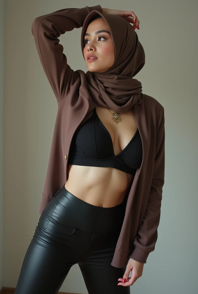 21 years old turkish girl, ((hijab)), long sleeve unbuttoned casual shirt (((((abs))))), brown panel maxi skirt, elegant lace black bra, ((selfie)), ((business bag)), in the girl dormitory room, sunglasses, skirt belt, fat girl
