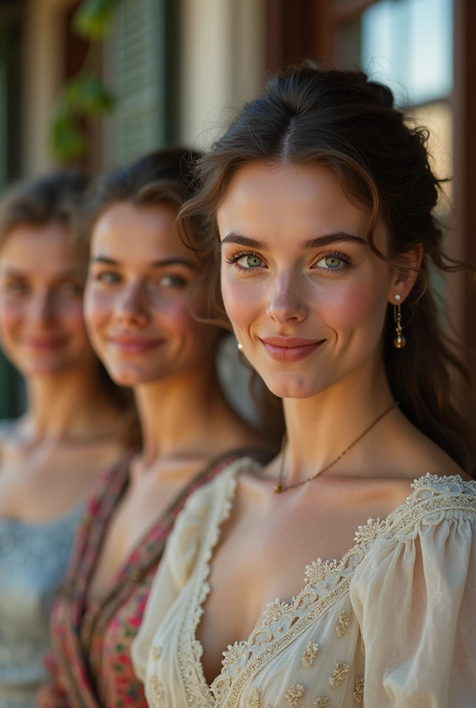 A digital portrait photo of 4 sweet smiling women perceived as 25 years old Elizabeth II and Maude Adams and Sandra Bullock in the late 1800's Batavia City, masterpiece, perfect face, perfect eyes, insanely detailed and intricate, natural light, super detailed, high resolution, vibrant, full color, 4K, 8K high Definition, ultra realistic, hyper maximalist, sharp focus, chic photograph.