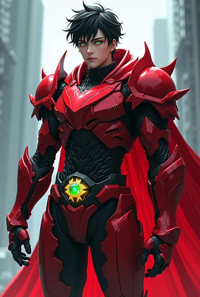 フルフェイスヘルメットをかぶったmale性, Fantasy-inspired biotechnological armored battle suit, Green Eyes, (Composite layered chest armor), Fully enclosed shoulder guards, Matching arm and leg guards, The belt features fangs biting into a jewel., (The color scheme is mainly red.、With white and yellow accents。), A design that combines solidity and agility, High-tech bio-mechanical armor, (Vampire-inspired armor concept, A huge cloak fluttering in the wind, Standing at the top of a skyscraper in a futuristic sci-fi city), This character is、It embodies a hero wearing fantasy surreal style armor elaborately crafted in anime style.。, Exquisite and mature cartoon art style, (Battle Damage, element, Blood, plasma, energy, The armor shines), ((male:1.5)), metallic, Realistic textured materials, dramatic, High resolution, Highest quality, High resolution, Very detailed, Ultra-fine painting, Very delicate, Professional, 完璧なボディProfessionalポーション, Golden Ratio, Anatomically correct, Symmetrical face, Very detailed目と顔, High quality eyes, creativity, RAW Photos, 超High resolution, 32K, Natural light, Cinema Lighting, masterpiece-anatomy-perfect, masterpiece:1.5