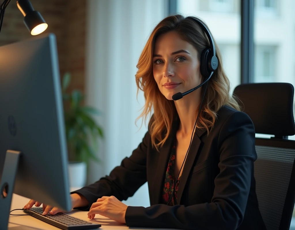 one women, 40 years old, detailled eyes, nose, and lips, wear a professional outfit, Sitting in your office,wears a headset,with your computer, hp computer (best quality,4K,8k,highres,​masterpiece:1.2),Ultra-detail,(realisti,photorealisti,photo-realisti:1.37),HDR,studio lighting,Extremely detailed face and body,warm colors,light background