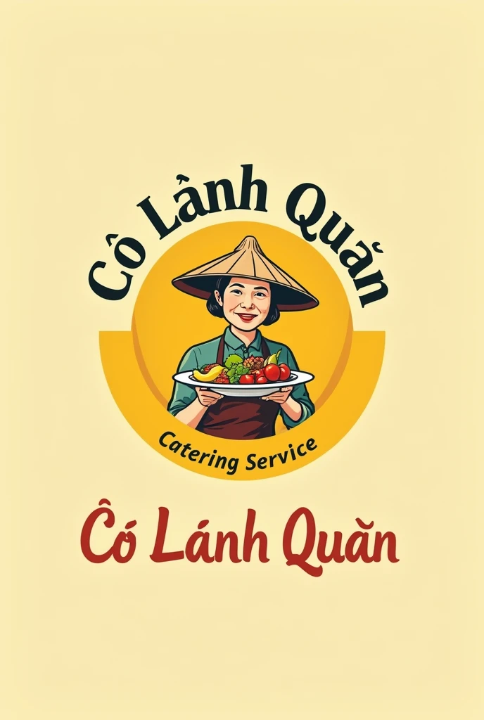 a logo, a vintage-style logo for a catering service named 'Cô Lành Quán' the logo features a simple middle-aged woman in a Vietnamese conical hat holding a disk of foods, the color palette is predominantly yellow, and the text is in bold