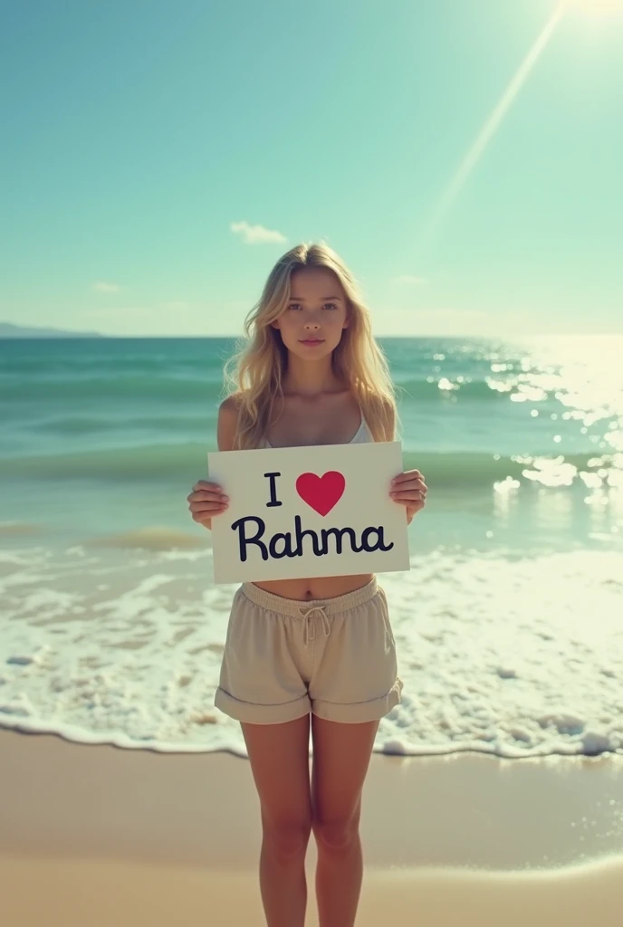 Hyperrealism,A girl holding a sign saying I Love Rahma,Standing by the sea,Film quality picture,Sunshine,Waves,Beach