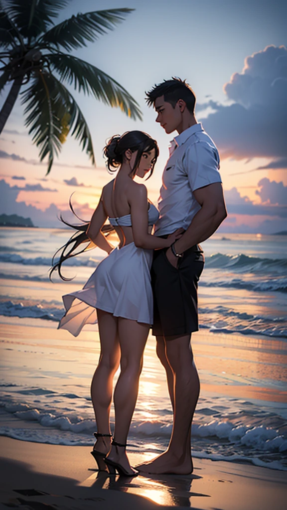 A beautiful young couple romancing on the beach The couple is wearing short clothes The woman has big hips It is evening There are coconut trees nearby