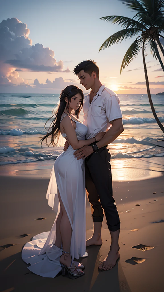 A beautiful young couple romancing on the beach The couple is wearing short clothes The woman has big hips It is evening There are coconut trees nearby