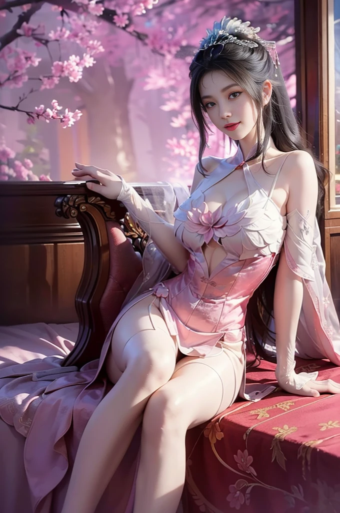 (best quality, masterpiece:1.2), tianfeng1, tutuzz, Extremely detailed, (Practical:1.37), beautiful, youth, Glamorous model, Warm colors, ((A full body perspective，Naturally bent knees，Skin is firm and smooth)), ((In the old-fashioned room，Sitting on a low bed，Lean back，Support your body with your elbows)), ((Elegant and natural posture)), (big eyes, Delicate eyes, Delicate lips, Delicate eyes), Available in white with floral pattern, Show a bright smile, fit, Full breasts, ((Big breasts)), Long legs, Create a stunning picture of a girl enjoying her sleep