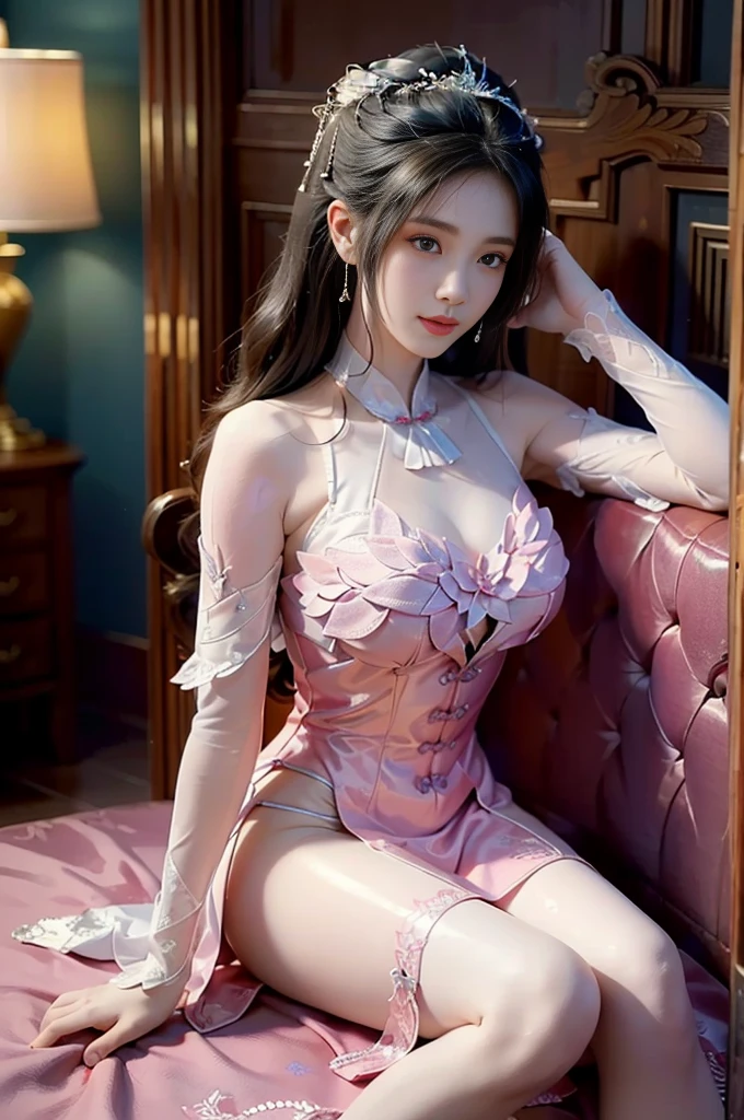 (best quality, masterpiece:1.2), tianfeng1, tutuzz, Extremely detailed, (Practical:1.37), beautiful, youth, Glamorous model, Warm colors, ((A full body perspective，Naturally bent knees，Skin is firm and smooth)), ((In the old-fashioned room，Sitting on a low bed，Lean back，Support your body with your elbows)), ((Elegant and natural posture)), (big eyes, Delicate eyes, Delicate lips, Delicate eyes), Available in white with floral pattern, Show a bright smile, fit, Full ???????, ((???????????)), Long legs, Create a stunning picture of a girl enjoying her sleep
