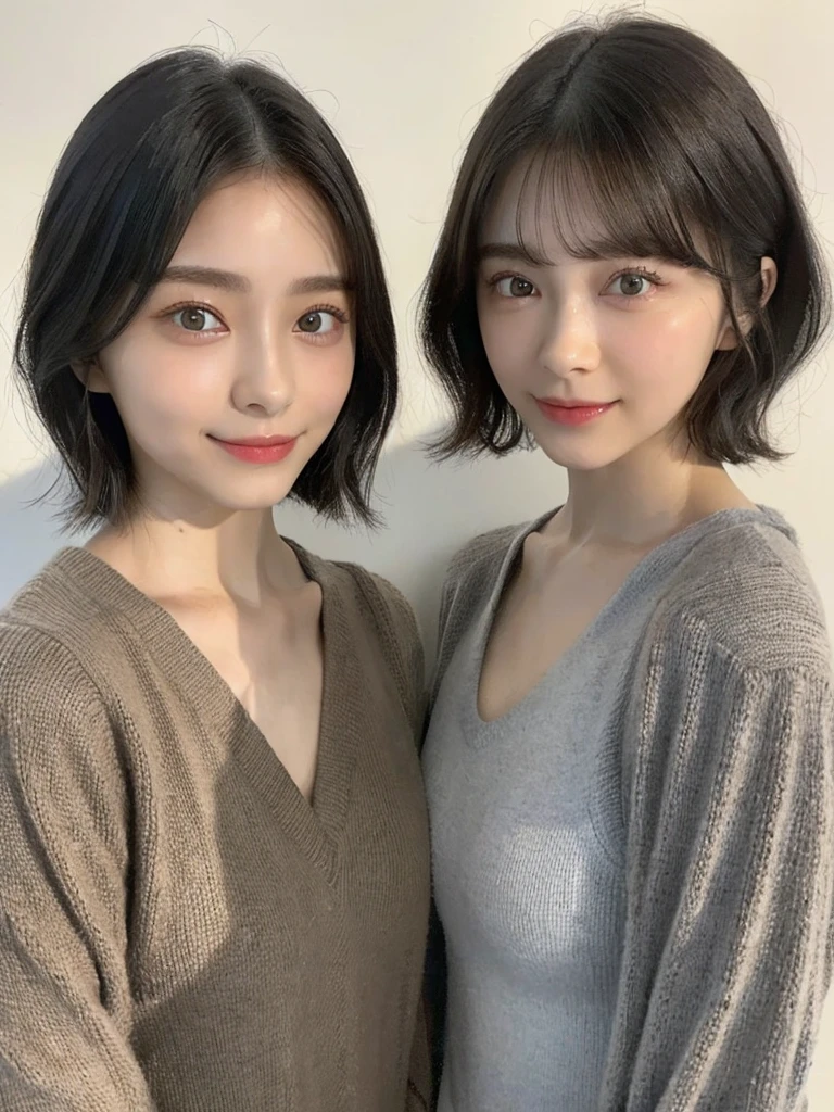 (masterpiece:1.3), (8k, Photoreal, Raw photo, best image quality: 1.4), Japanese high school girl、(random hairstyle:1.2)、cleavage:1.5、super detail face、eye for details、double eyelid、chest to chest、sharp focus:1.2、Beautiful woman:1.4、light brown hair、highest quality、masterpiece、超A high resolution、(Photoreal:1.4)、Highly detailed and professionally lit smiles、loose and light knitwear、shoulder out、thin、serious expression、short haired、deadly position
similar identical twins
All the girls have the exact same face, The two have the same face and figure, as if they were mirror images.