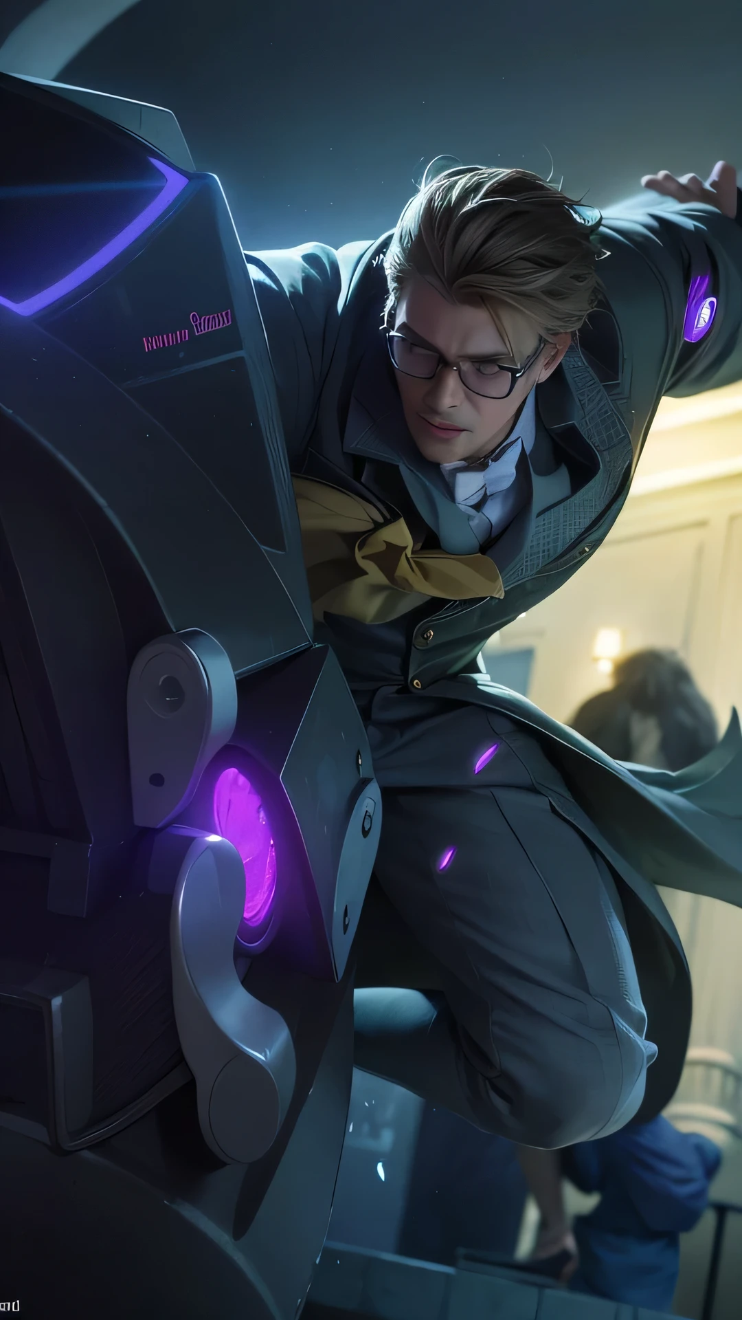The image features a character with blonde hair and glasses, wearing a suit with a yellow bow tie, and holding a sword, Best quality, masterpiece, detailed skin texture, detailed clothes texture, detailed face, super detail, 8k, intricate detail, 1 boy, The color doesn't change, Muscle guy, 1 guy