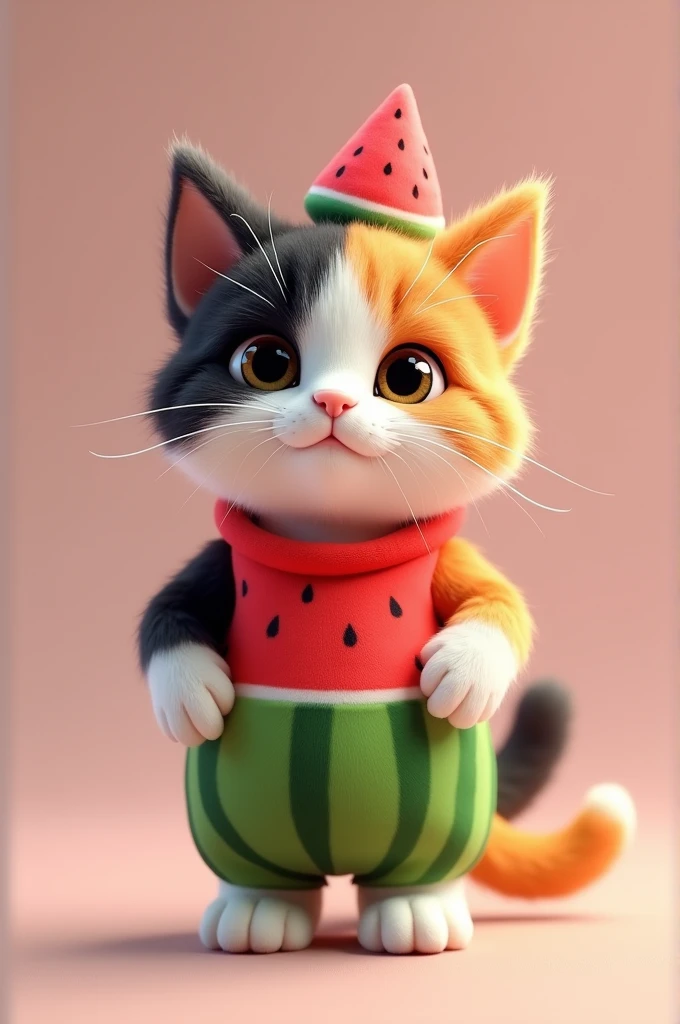 Three-colored cat wearing a watermelon-themed outfit, standing and looking cute