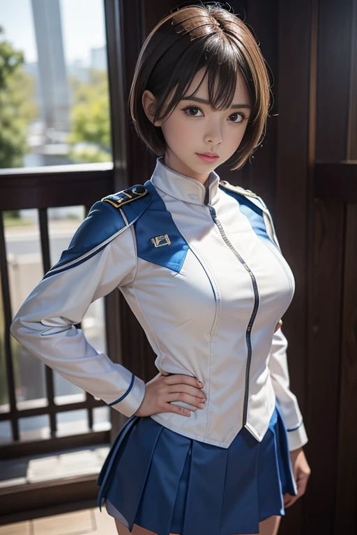 ****************、Earth Federation Operator Girl Soldier、((Shiny skin 1.5)),((Sweaty 1.3)),((Silver short hair 1.6))、Cute like an idol、Childish face and appearance、Accurately drawn face and skirt of Earth Federation uniform))、White and blue uniform、(A uniform that fits your body:1.3)、very 薄い thighs、Inside the bridge of a battleship、Low angle shot、Anatomically correct、Accurate Fingers、Accurate Rimbuster Piece、Photorealization