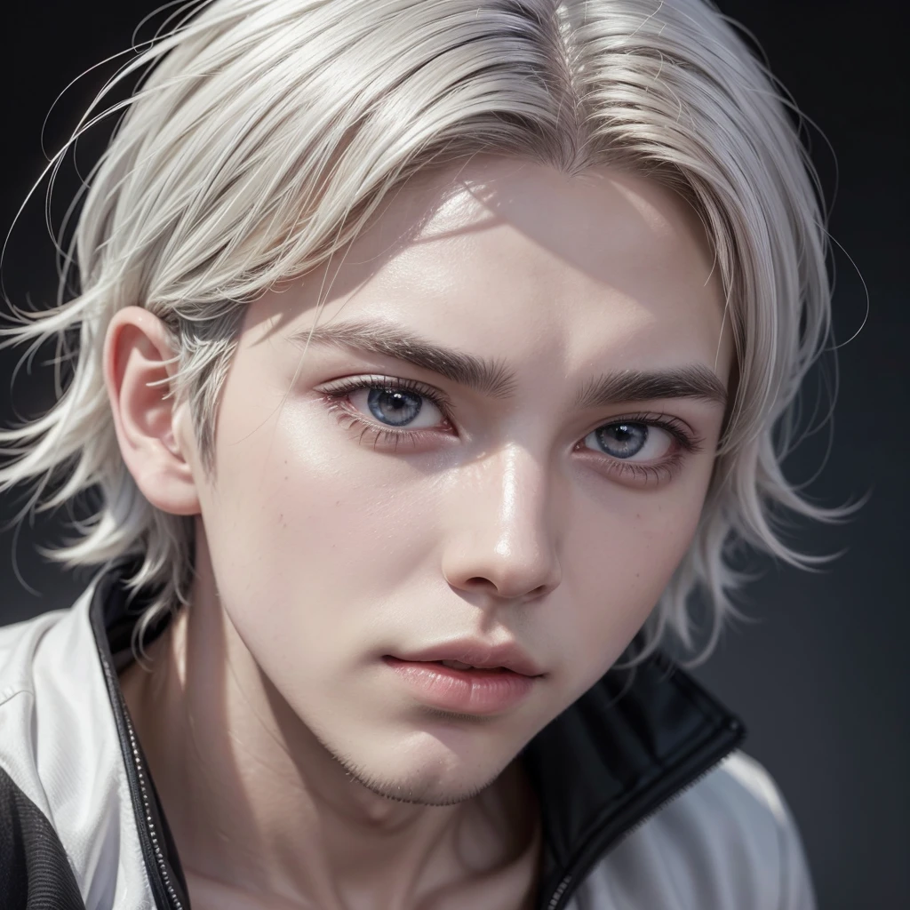 Create a male character with white hair and dark brown eyes. The drawing needs to look like an anime