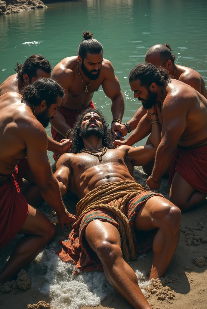 The Kauravas tie up the unconscious Bhima with ropes. They struggle to lift him but eventually manage to drag him to the riverbank.
