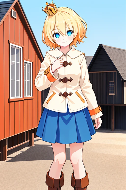 Girl 1,blonde hair,short hair,hair between the eyes,Big eyes,((blue eyes))(blue eyes),crown,Red short coat,Top with two layers of colored skirt(orange)White bottom,Brown boots,Wooden house background,look at the viewer,Smiling sweetly,Highly detailed,Cinematic level display,Realistic picture