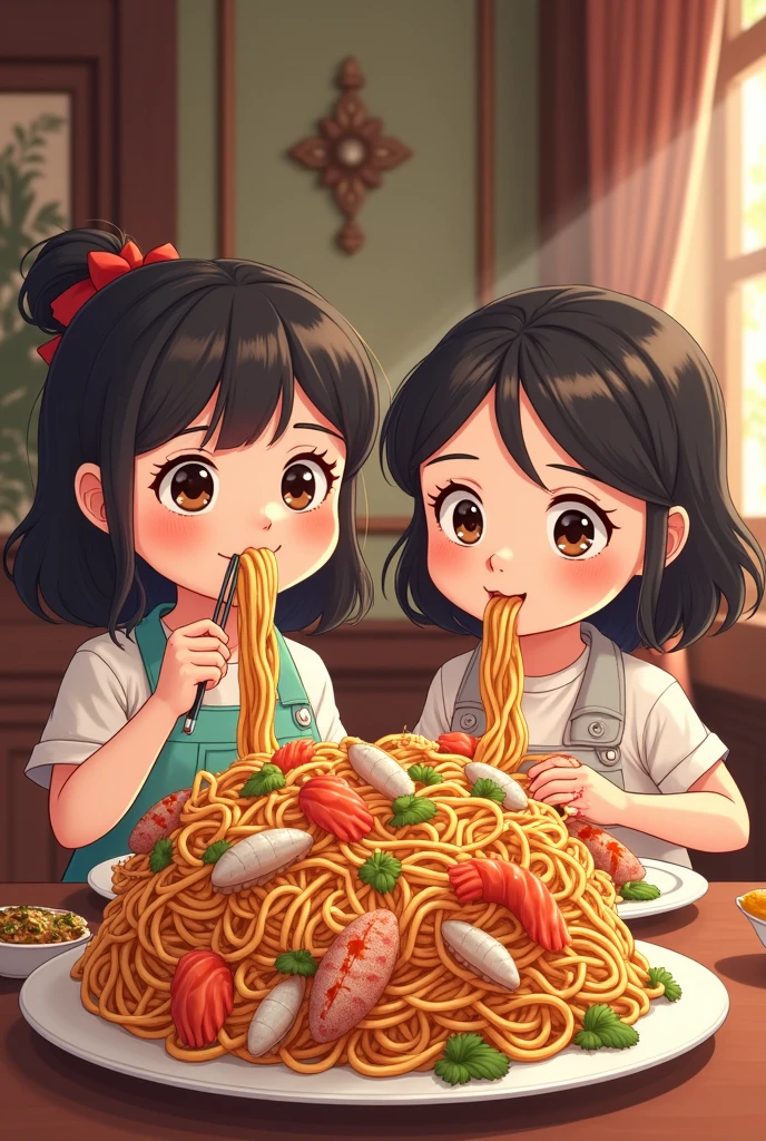 Two fat little girls eating noodles in big portion with seafood in the dinning room