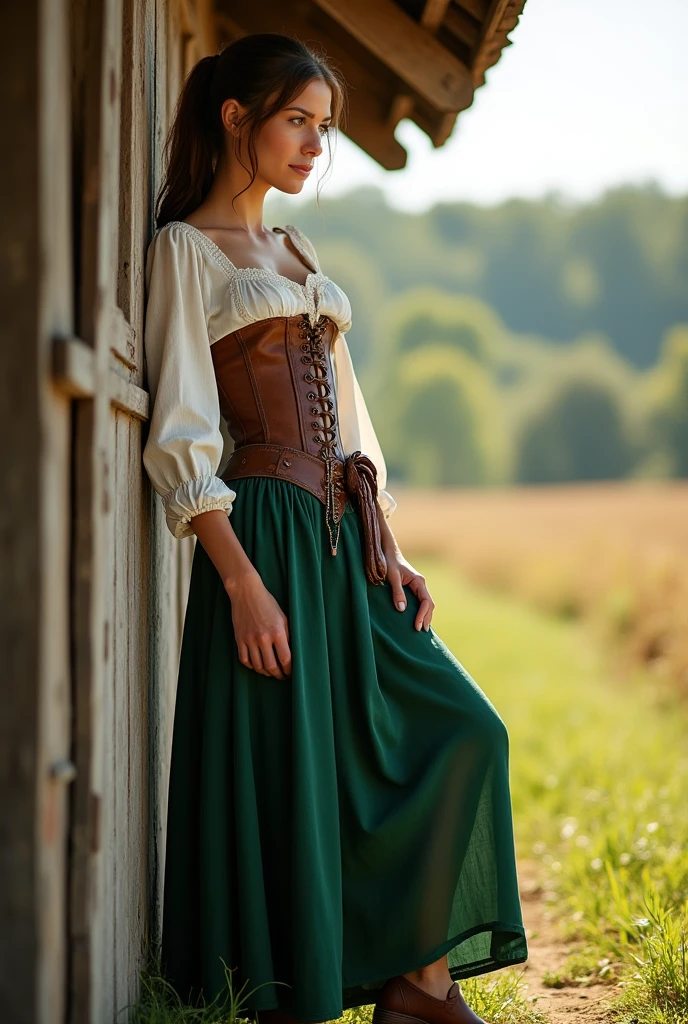 full body photo, feet showing, tan skin, farm girl leaning on the wall of a shed, strong sunlight hitting her, perfect eyes, perfect lips, hair in a ponytail, dark brown eyes, fit body, white peasant sleeve shirt, brown leather corset, very long pleated green skirt, brown shoes, accessories hanging on waist, leather hand piece, beautiful landscape in the background, medieval fantasy