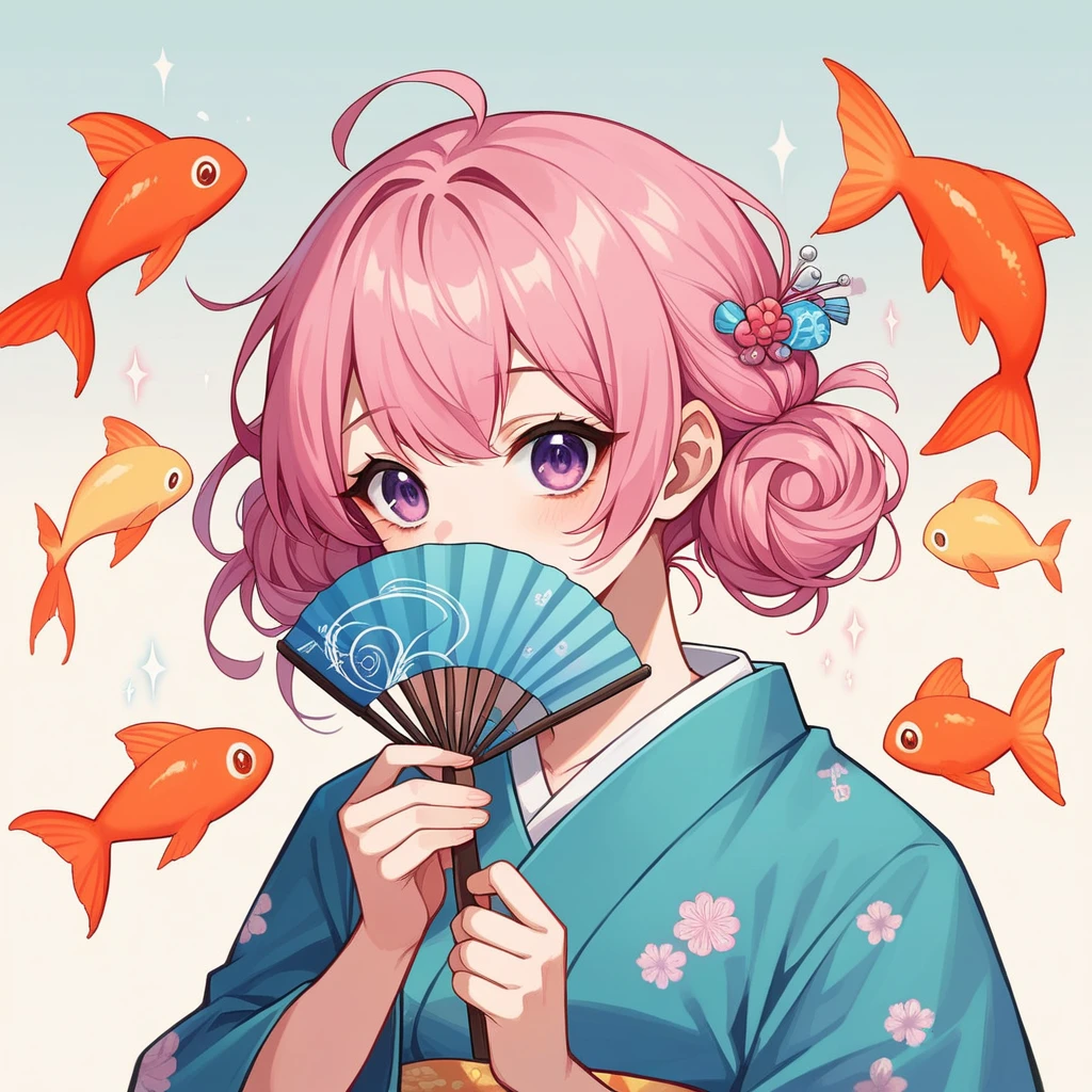 Japanese style, A delicate anime-style illustration of a girl with POP color pink hair and large, expressive violet eyes. She is wearing a brightly colored casual summer kimono with multiple goldfish patterns. The background features abstract, geometric shapes in soft pastel colors, creating a modern and artistic look. She is holding a goldfish-patterned fan in her right hand.