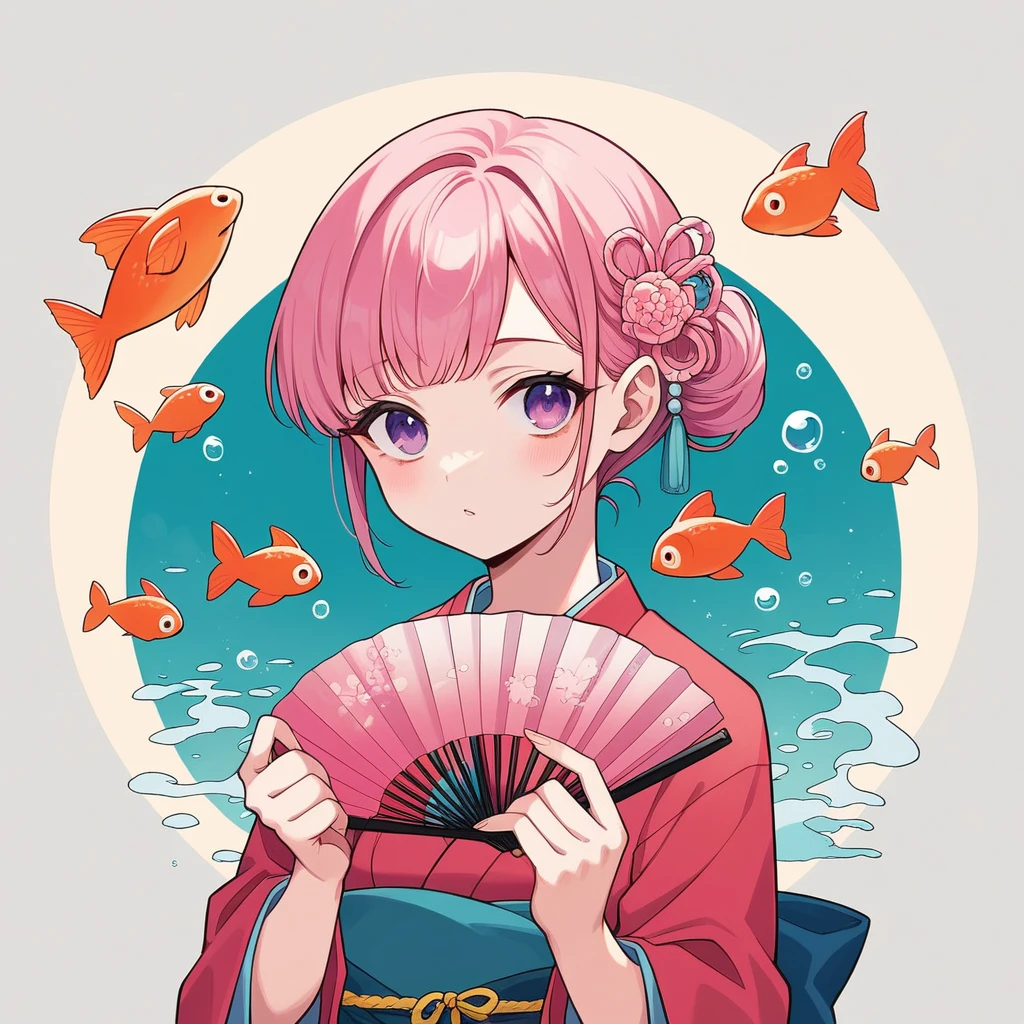 Japanese style, A delicate anime-style illustration of a girl with POP color pink hair and large, expressive violet eyes. She is wearing a brightly colored casual summer kimono with multiple goldfish patterns. The background features abstract, geometric shapes in soft pastel colors, creating a modern and artistic look. She is holding a goldfish-patterned fan in her right hand.