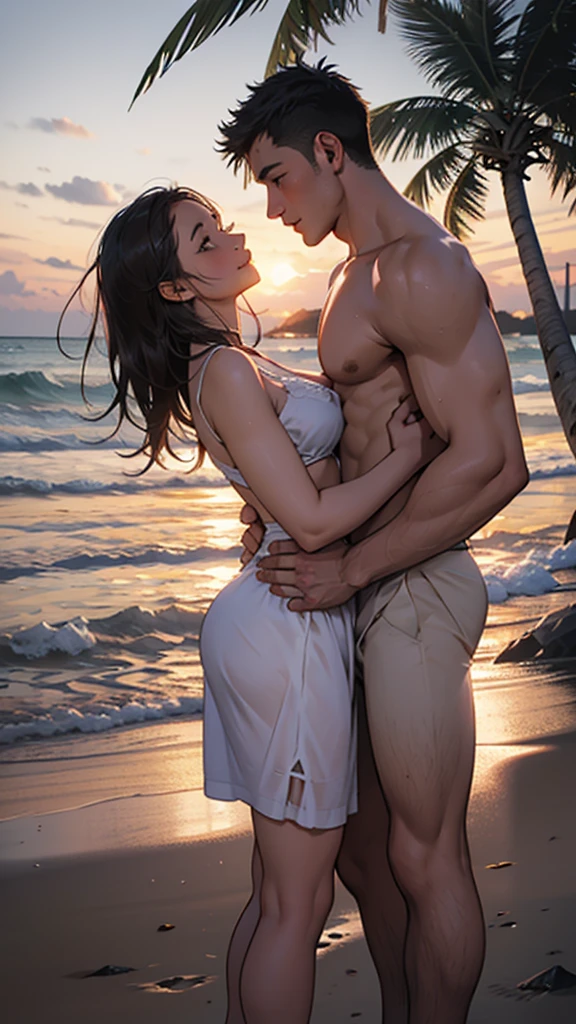 Beautiful han hyo-joo and a man, in bare body, close up, sunset beach, hugging each to another, a han hyo-joo is beautiful, undressed, slender body, petite posture, clear and bright skin, brunette hair in ponytail, huge boobs. A man is tall with a bit muscular, good hand, perfect hand, in billabong beach pants, hold on together