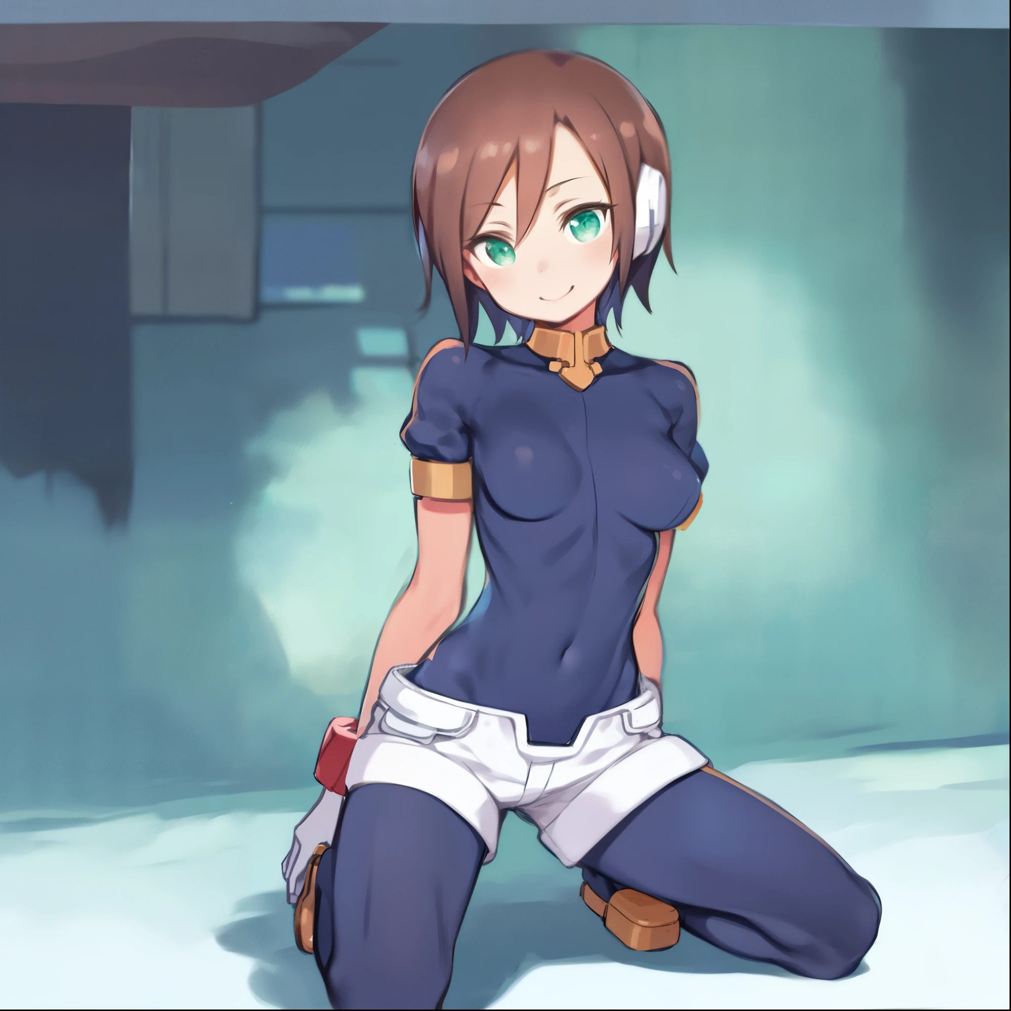 aile_megamanzx, kneeling with one hand on the ground and the other arm raised, 1girl, solo, short hair, brown hair, short sleeves, (bodysuit), robot ears, green eyes, very_short_shorts, short sleeves, short over long sleeves, smile, in futuristic city, , high quality, medium_breasts,crotch, slouch,groin,solo
