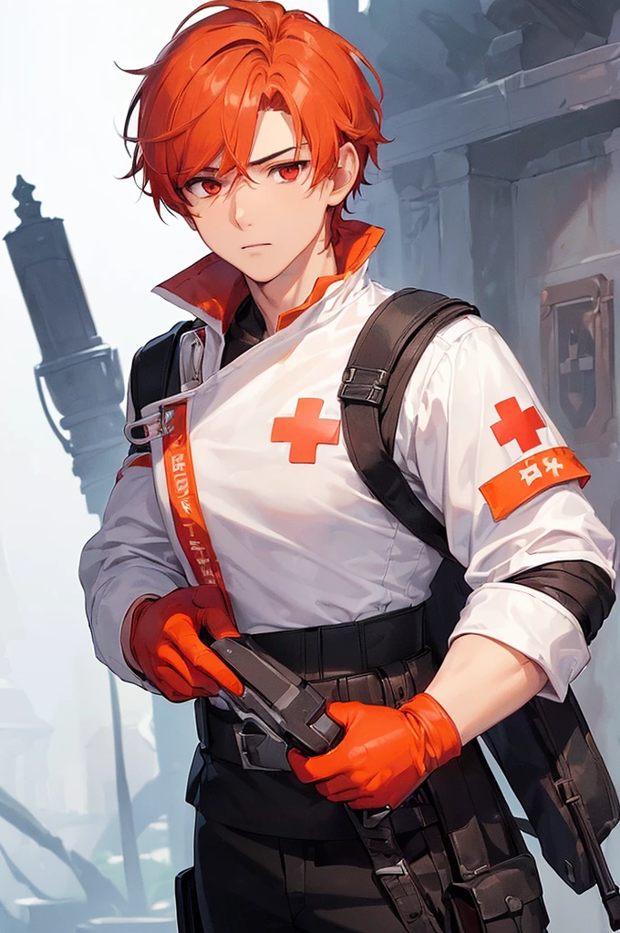 (((masterpiece; best quality: 1.2))), (finely detailed eyes: 1.3), ((1 young man)), ((solo)), (red eyes: 1.4), (body shape; lean, masculine: 1.3), (very short orange hair: 1.3), (beautiful and clear background: 1.2), ((depth of field)), (equipment: fantasy white adventurer medic long-sleeve uniform + armband with red cross + gloves: 1.3), (anime illustration: 1.2), (background composition; palace gardens + day: 1.1), (extremely fine and handsome: 1.1), (shot composition; standing + centered on face + bust close-up: 1.5), (facial expression; calm, stoic: 1.2)