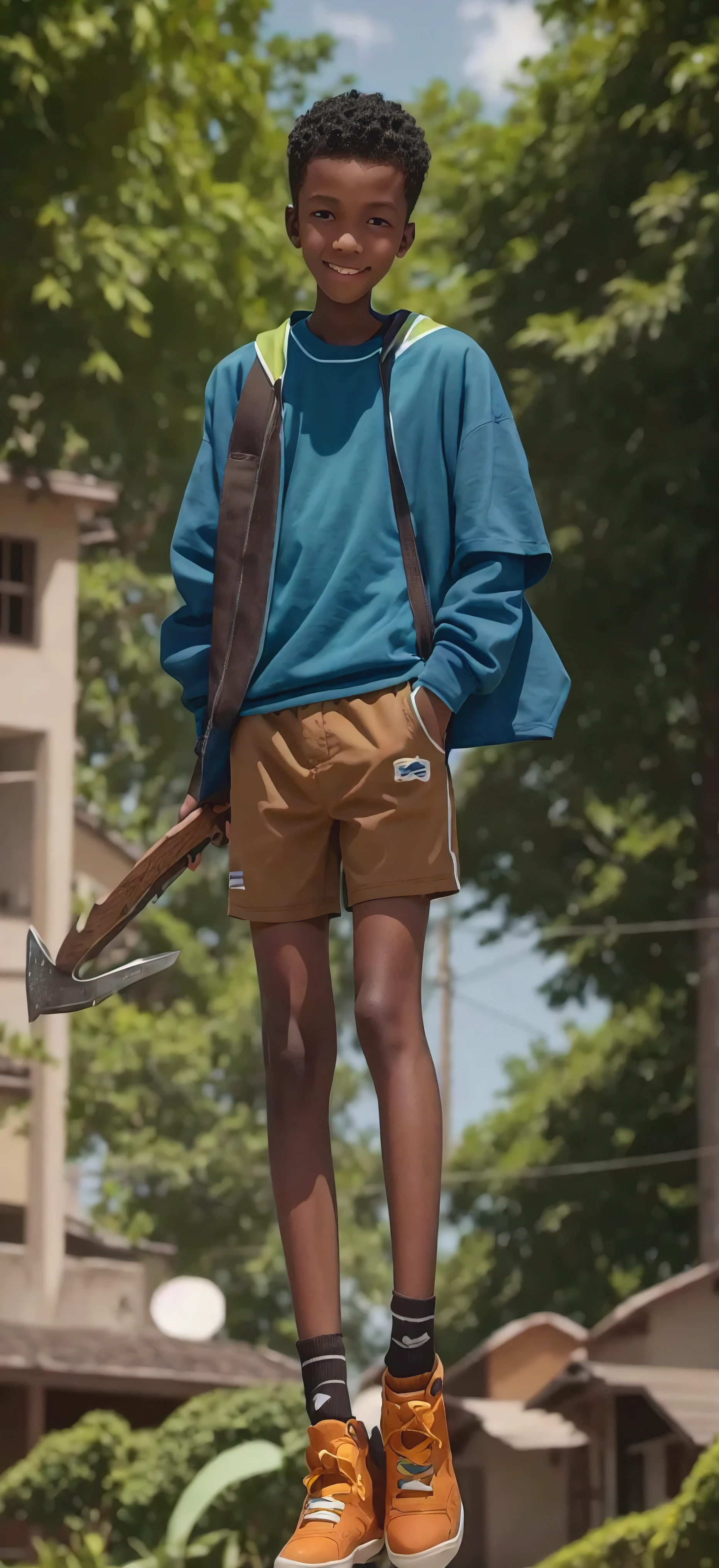 fourteen year old boy，Light brown skin，Blue sports shorts，Brightly colored tops，High-top board shoes，Big round eyes，Very short hair，Tall and skinny，full-body shot，A junior high school student holding an axe，Smile，Bloodthirsty Murder，best quality，HD Wallpapers