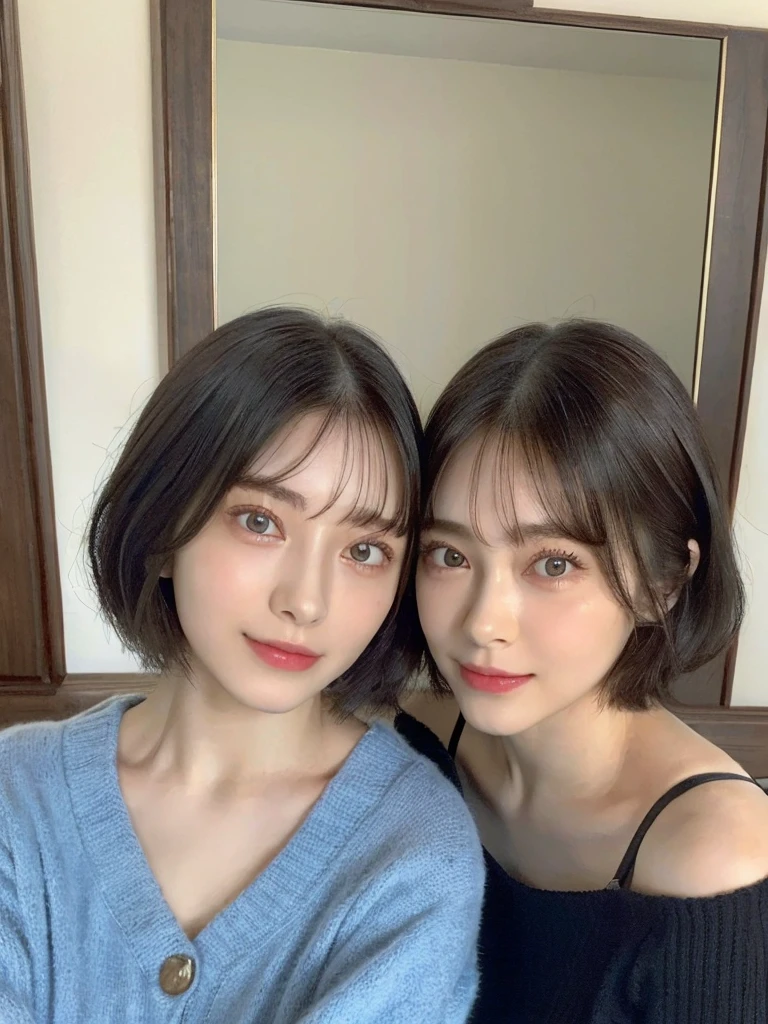 (masterpiece:1.3), (8k, Photoreal, Raw photo, best image quality: 1.4), Japanese high school girl、(random hairstyle:1.2)、cleavage:1.5、super detail face、eye for details、double eyelid、chest to chest、sharp focus:1.2、Beautiful woman:1.4、light brown hair、highest quality、masterpiece、超A high resolution、(Photoreal:1.4)、Highly detailed and professionally lit smiles、loose and light knitwear、shoulder out、thin、serious expression、short haired、deadly position
similar identical twins
All the girls have the exact same face, The two have the same face and figure, as if they were mirror images.
