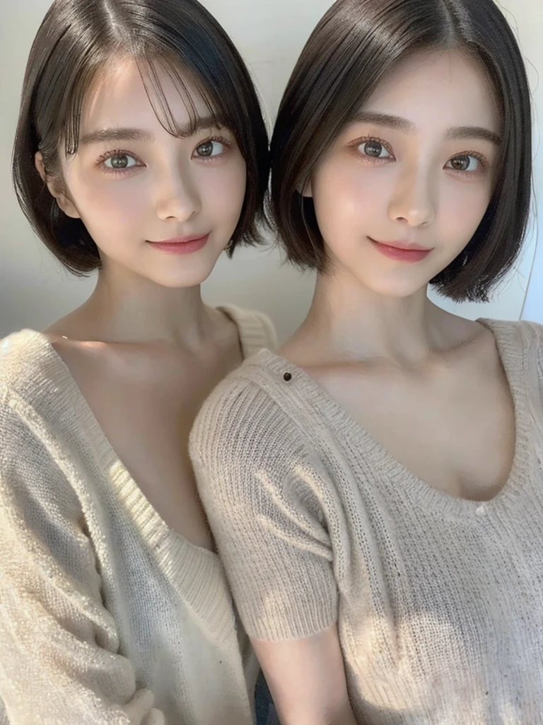 (masterpiece:1.3), (8k, Photoreal, Raw photo, best image quality: 1.4), Japanese high school girl、(random hairstyle:1.2)、cleavage:1.5、super detail face、eye for details、double eyelid、chest to chest、sharp focus:1.2、Beautiful woman:1.4、light brown hair、highest quality、masterpiece、超A high resolution、(Photoreal:1.4)、Highly detailed and professionally lit smiles、loose and light knitwear、shoulder out、thin、serious expression、short haired、deadly position
similar identical twins
All the girls have the exact same face, The two have the same face and figure, as if they were mirror images.
