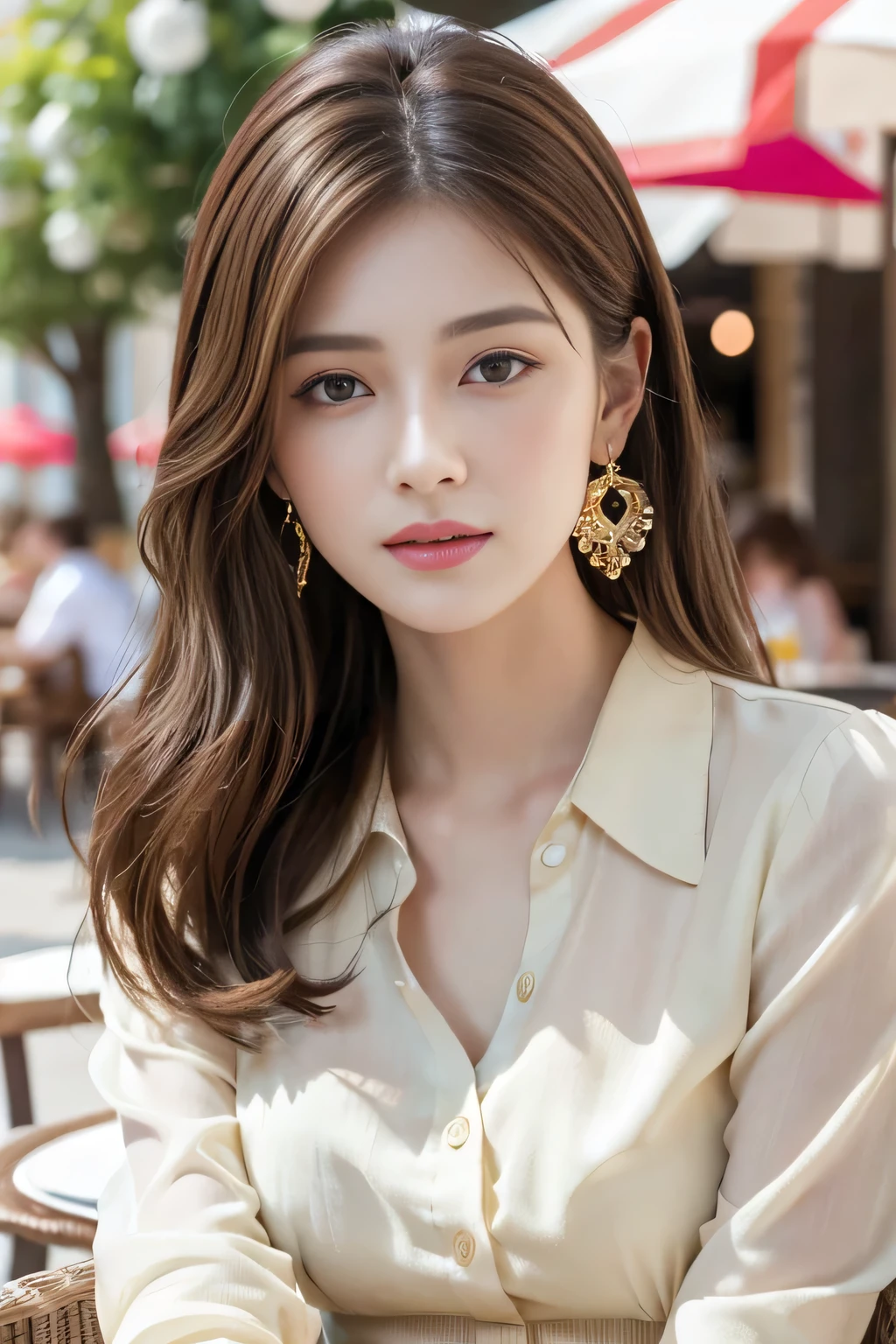 masterpiece, Highest quality, Realistic, Very detailed, Finer details, High resolution, 8k wallpaper, One beautiful woman,Wear a nice blouse, On the terrace of a lovely cafe, at noon, Light brown messy hair, Perfect dynamic composition, Beautiful and beautiful eyes、Big earrings、Sleeveless shirt、Hair blowing in the wind、