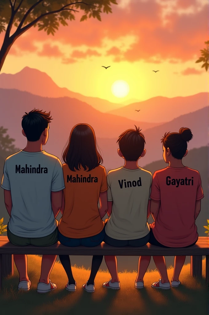 Four best friends sai ,Mahindra , vinod, Gayatri sitting in bench mountain during sunset.captures the warmth of the sun with golden yellow tone. They are all wearing T-shirt with their names written in black "