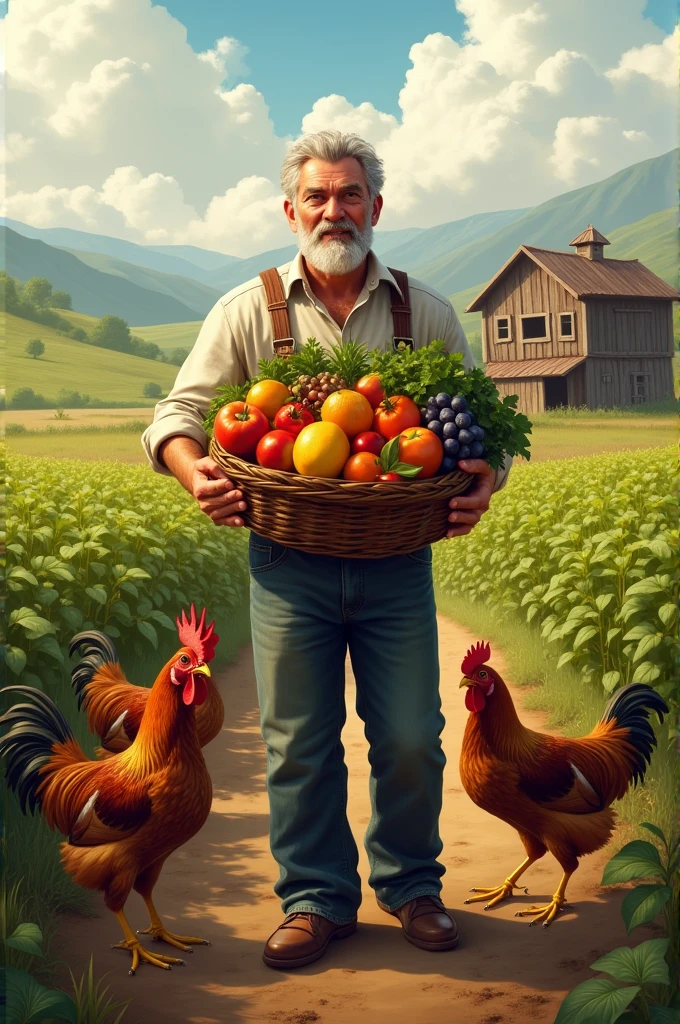 A man is holding a farm harvest in the farm with chickens with him
