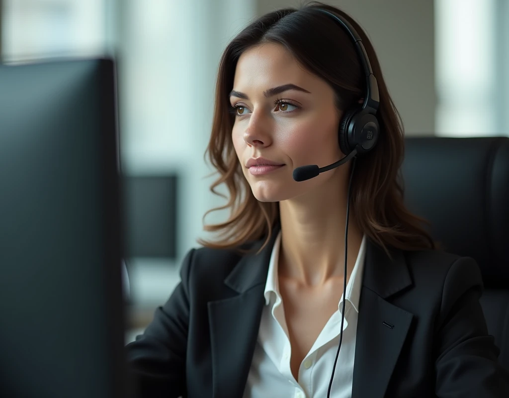 one women, 40 years old, detailled eyes, nose, and lips, wear a professional outfit, Sitting in your office,wears a headset,with your computer, hp computer (best quality,4K,8k,highres,​masterpiece:1.2),Ultra-detail,(realisti,photorealisti,photo-realisti:1.37),HDR,studio lighting,Extremely detailed face and body,warm colors,light background