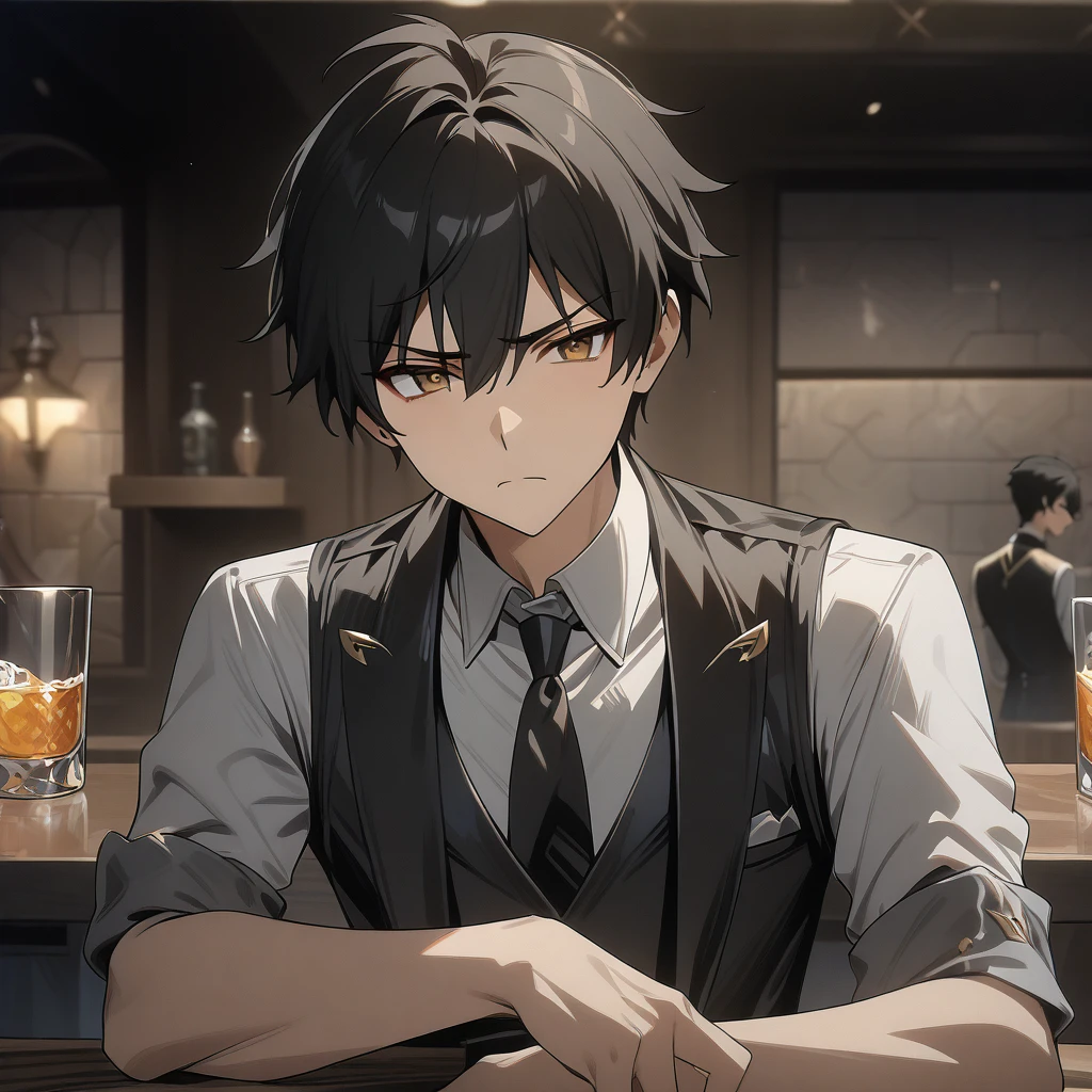 rover from wuthering waves, 1boy, stylish pose, drinking from glass, black hair, flat hair, kirito hair, gold eyes, handsome face, cute face, black waistcoat, waistcoat, folded sleeves, bar background, upper body, decorative, masterpiece, high quality, hd, 4k, upper body, grumpy, genshin artstyle