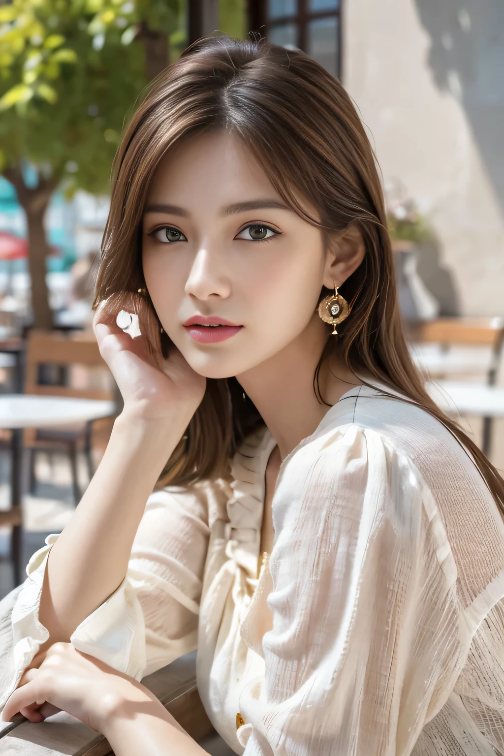 masterpiece, Highest quality, Realistic, Very detailed, Finer details, High resolution, 8k wallpaper, One beautiful woman,Wear a nice blouse, On the terrace of a lovely cafe, at noon, Light brown messy hair, Perfect dynamic composition, Beautiful and beautiful eyes、Big earrings、