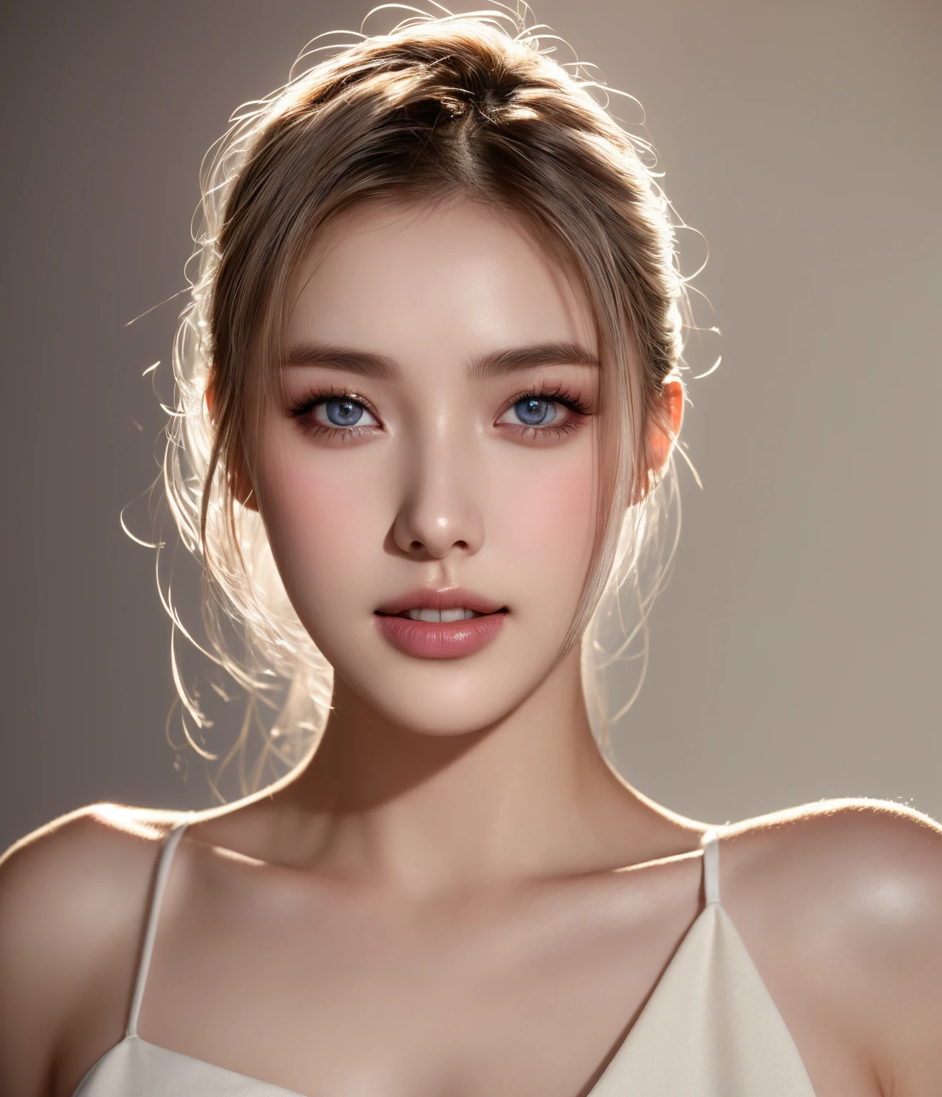 fashion model 24 years old,  , [[[[closeup]]]], [[[[chest]]]], [[[[neck]]]], [[[[shoulders]]]], perfect eyes, perfect iris, perfect lips, perfect teeth, perfect skin, soft front light, glow, HDR, (muted colors:1.2)
