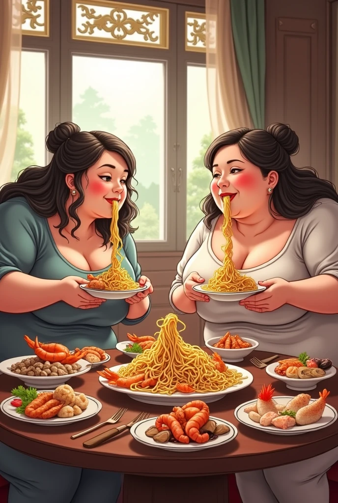 Two fat  girls eating noodles in big portion with seafood in the dinning room 