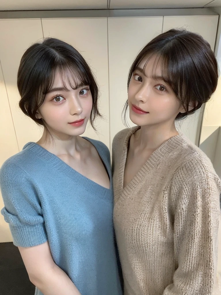 (masterpiece:1.3), (8k, Photoreal, Raw photo, best image quality: 1.4), Japanese high school girl、(random hairstyle:1.2)、cleavage:1.5、super detail face、eye for details、double eyelid、chest to chest、sharp focus:1.2、Beautiful woman:1.4、light brown hair、highest quality、masterpiece、超A high resolution、(Photoreal:1.4)、Highly detailed and professionally lit smiles、loose and light knitwear、shoulder out、thin、serious expression、short haired、deadly position
similar identical twins
All the girls have the exact same face, The two have the same face and figure, as if they were mirror images.