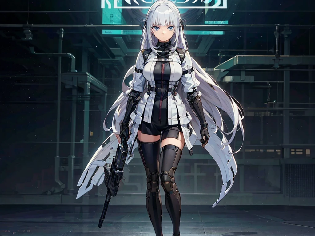 (masterpiece, Highest quality), (Perfect athletic body:1.2), (Detailed Hair), Very detailed, Anime Style, whole body, Cyberpunk Girl, alone, Long Hair, Silver Hair, Turquoise Eyes, (masterpiece, Highest quality, figure)++, Beautiful detailed girl, Very detailed++, From above, Cyber High Tech Boots+, anger, Bored face, Hair between the eyes, bangs, Eyebrows visible through hair, whole body, Mechanized limbs++, whole body, Unusually huge gauntlet++