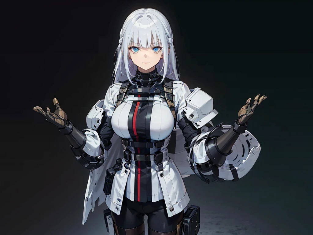 (masterpiece, Highest quality), (Perfect athletic body:1.2), (Detailed Hair), Very detailed, Anime Style, whole body, Cyberpunk Girl, alone, Long Hair, Silver Hair, Turquoise Eyes, (masterpiece, Highest quality, figure)++, Beautiful detailed girl, Very detailed++, From above, Cyber High Tech Boots+, anger, Bored face, Hair between the eyes, bangs, Eyebrows visible through hair, whole body, Mechanized limbs++, whole body, Unusually huge gauntlet++