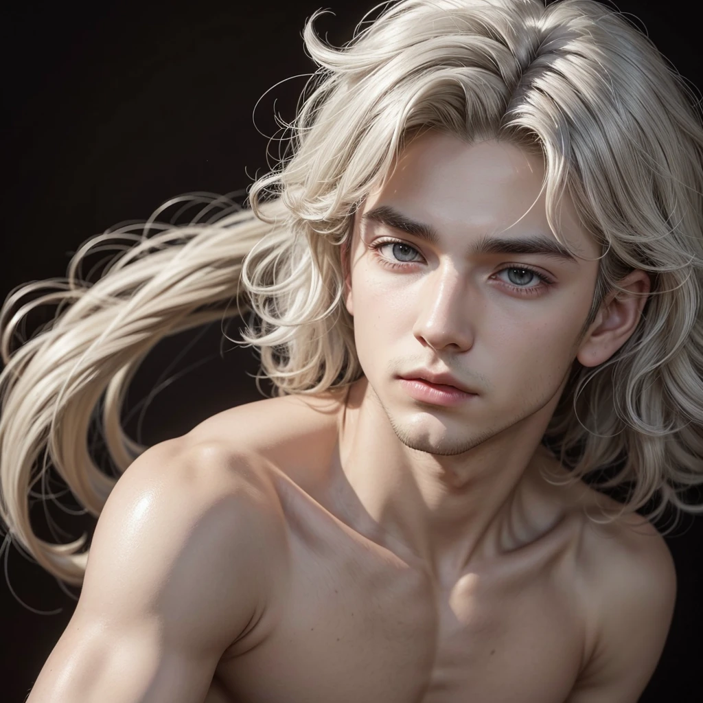 Create a male character with curly white hair and dark brown eyes. The drawing needs to look like something cartoonish