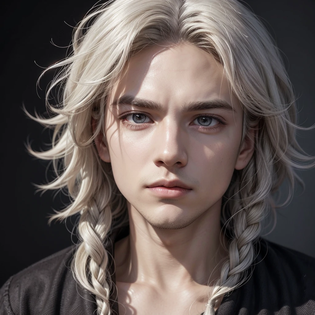 Create a male character with curly white hair and dark brown eyes. The drawing needs to look like something cartoonish