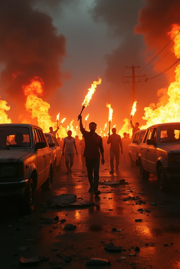 create a image of Bangladesh people who are on road and people have fire stick in their hand. background have damaged cars and fire everywhere
