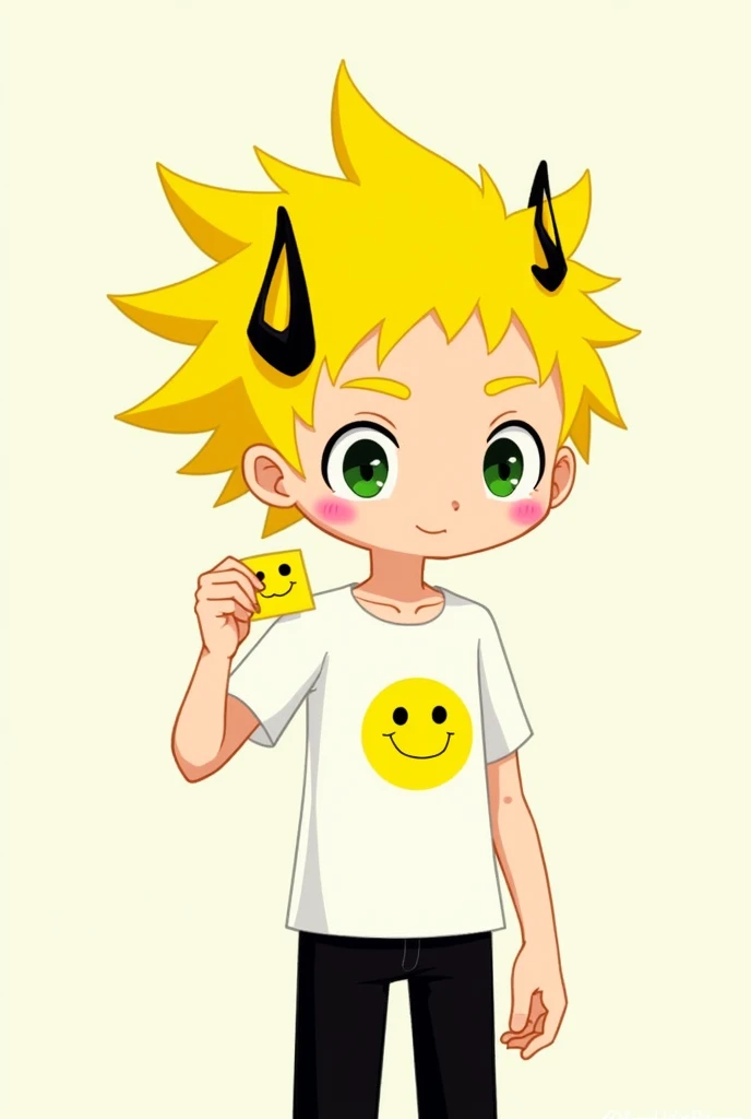 Genre:male&#39;yellow hair,with a yellow paper with a little face,with horns and a black line in the hair,short sleeve shirt with a yellow face,Black pants