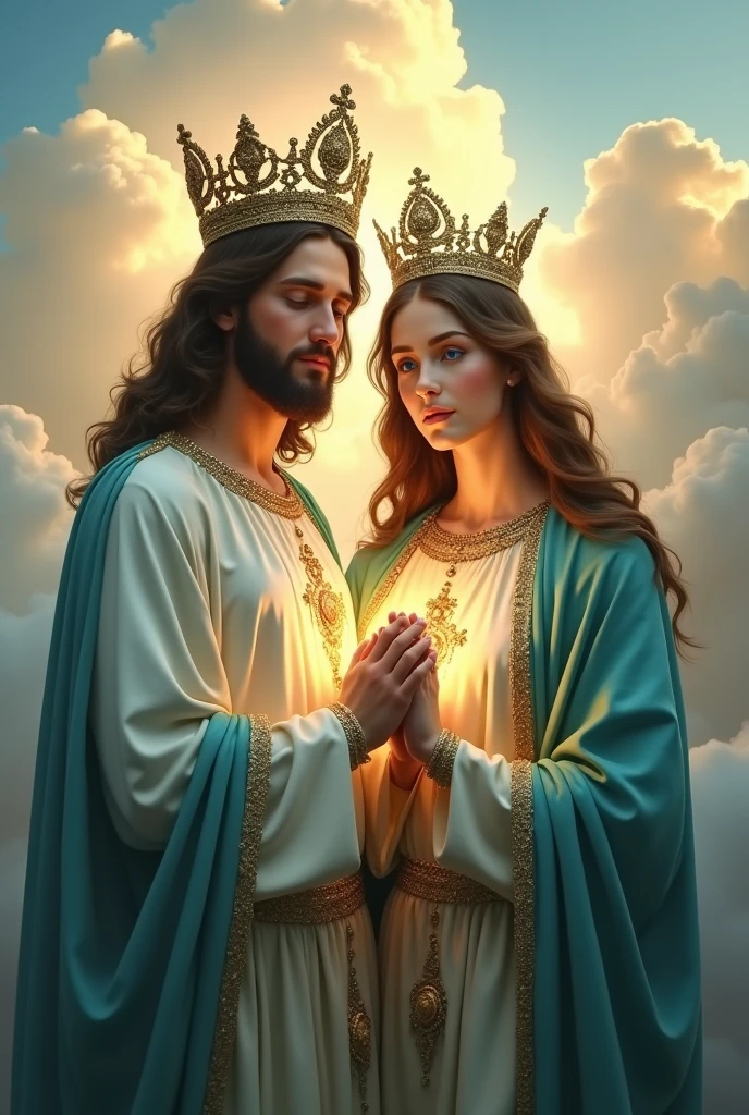 Perfect hand 5 finger, Portrait of a beautiful virgin mary and handsome Jesus Christ. wearing aqua clothes of king and queen with the king and queen crown shining the light from the head and heart all over in the clouds, virgin mary and Jesus Christ, real blue eyes, sunny day, intricate details.real virgin mary and Jesus Christ, straight head face, Straight body.Prayer virgin mary and Jesus Christ, perfect full body, perfect hands finger,Prayer virgin mary and Jesus Christ, praying virgin mary and Jesus Christ backgrounds natural photographic