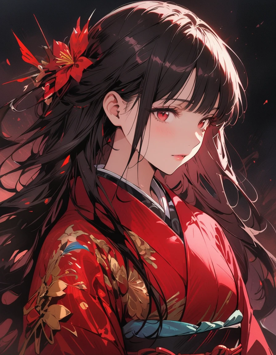 Red Higanbana, Let your hair down, Hair is black, bangs, Red eyes, masterpiece, Highest quality, Very detailed, shape, One Girl, alone, High resolution, Realistic, 超High resolution, (Original shape composition), (Limited Color Fusion,Maximalism art style, Kimono Fashion, Double exposure, Background Black
