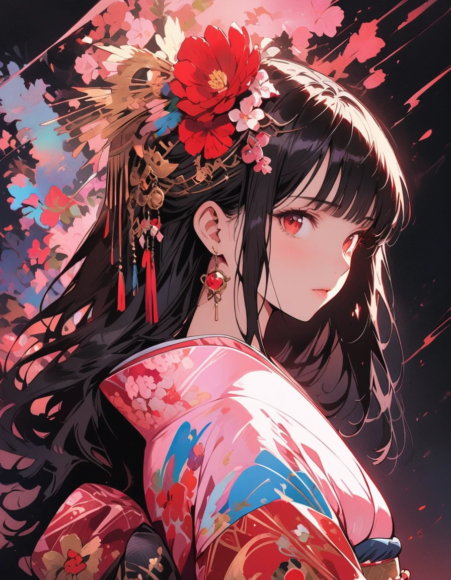 Red Higanbana, Let your hair down, Hair is black, bangs, Red eyes, masterpiece, Highest quality, Very detailed, shape, One Girl, alone, High resolution, Realistic, 超High resolution, (Original shape composition), (Limited Color Fusion,Maximalism art style, Kimono Fashion, Double exposure, Background Black