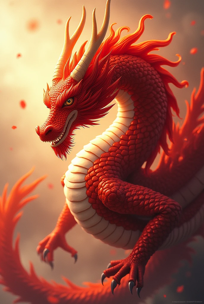 1 red asian dragon,whole body red horns cream red mane always