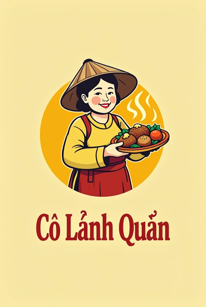 a logo, a vintage-style logo for a catering service named 'Cô Lành Quán' the logo features a simple chubby middle-aged woman in a Vietnamese conical hat holding a disk of foods, the color palette is predominantly yellow, and the text is in bold